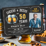 Invitación Cheers Beers Ticket Men Black 50th Birthday Photo<br><div class="desc">¿Buscando ideas de 50 años para los hombres? Estas invitaciones rústicas para fiestas de cumpleaños con un tema de fiesta de cerveza, que incluyen un ilustracion de dos tazas de cerveza, el título "Cheers and Beers", un marco para la venta de entradas y una plantilla de fotos, son solamente el...</div>