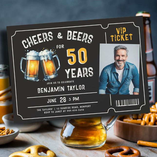 Invitación Cheers Beers Ticket Men Black 50th Birthday Photo (mens 50th birthday beer party invitation ticket photo black white yellow cheers rustic fun classy)
