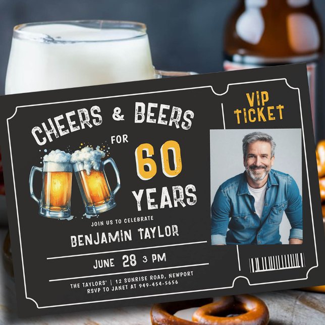 Invitación Cheers Beers Ticket Men Black 60th Birthday Photo (mens 60th birthday beer party invitation ticket photo black white yellow cheers rustic fun classy)