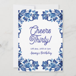 Invitación Cheers thirty birthday royal blue floral border na