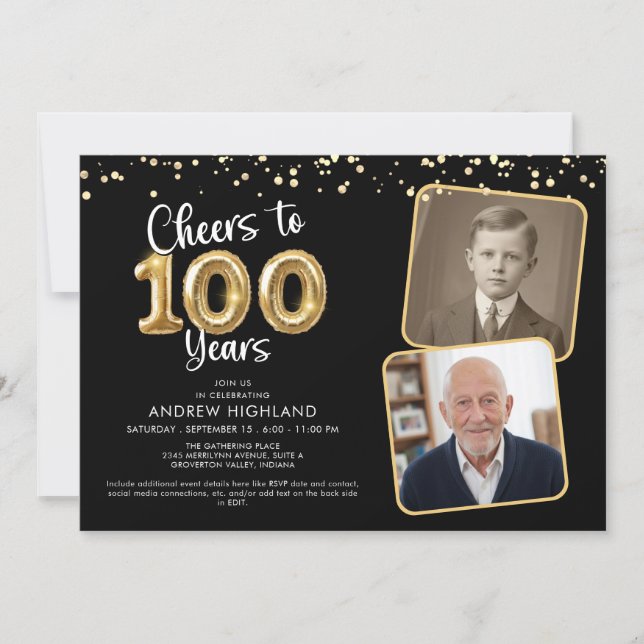 Invitación Cheers to 100 Years 2 Photos Script Balloon (Anverso)