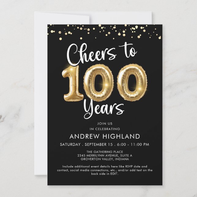 Invitación Cheers to 100 Years Gold Balloon Numbers Black (Anverso)