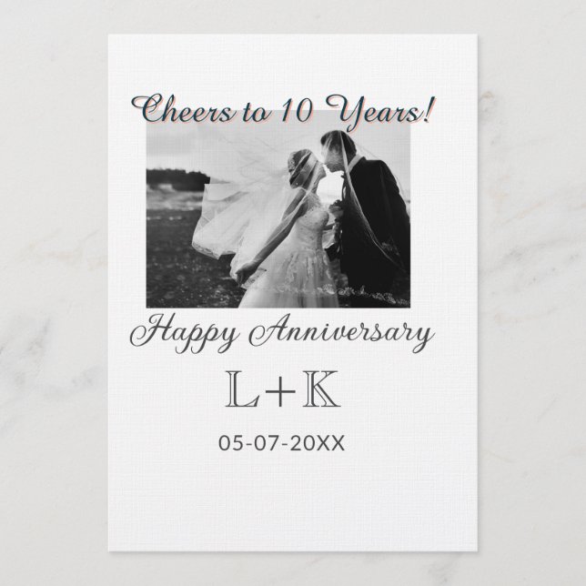 Invitación Cheers to 10 Years happy anniversary add photo dat (Anverso)