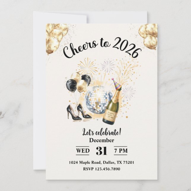 Invitación Cheers to 2026 New Year’s Eve Party (Anverso)