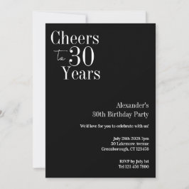 Invitación Cheers to 30 Years Black White 30th Birthday Party