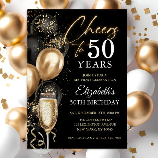 Invitación  Cheers To 50 Years Black and Gold Balloons