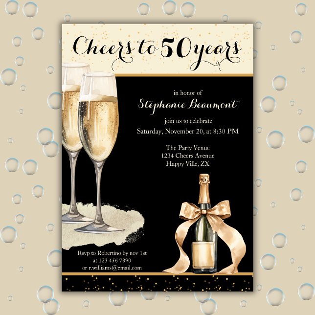 Invitación Cheers to 50 Years Black Champagne Birthday (Subido por el creador)