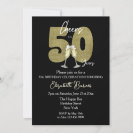 Invitación Cheers To 50 Years Black Gold Birthday Party
