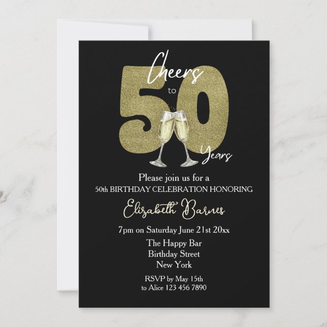 Invitación Cheers To 50 Years Black Gold Birthday Party (Anverso)