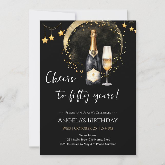 Invitación Cheers to 50th Birthday Black and Gold (Anverso)