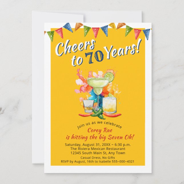 Invitación Cheers to 70 Years Modern Fiesta 70th Birthday  (Anverso)