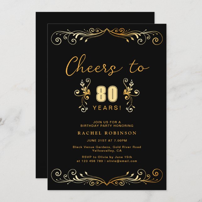 Invitación Cheers to 80 Years Birthday Party Black & Gold (Anverso / Reverso)