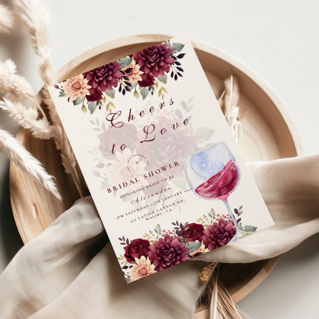 Invitación Cheers to Love Burgundy Floral Bridal Shower (Subido por el creador)
