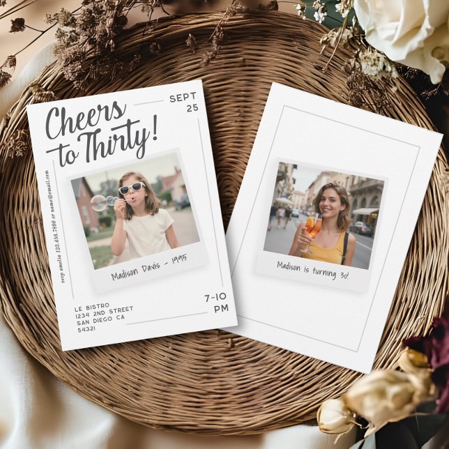Invitación Cheers to Thirty 30 Retro Photo Birthday  (Subido por el creador)