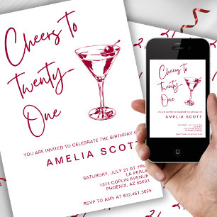Invitación Cheers Twenty One Cherry Red Martini 21 cumpleaños