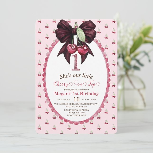 Invitación Cheery en la parte superior Cumpleaños 1 (Anverso de pie)