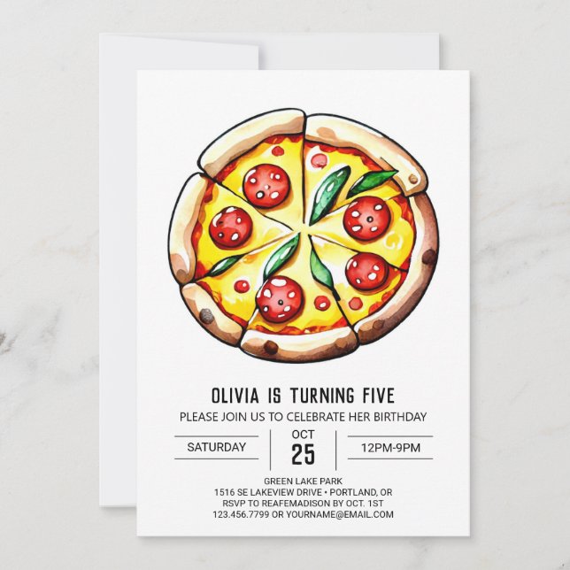Invitación Cheese Whimsical Pizza Cumpleaños (Anverso)