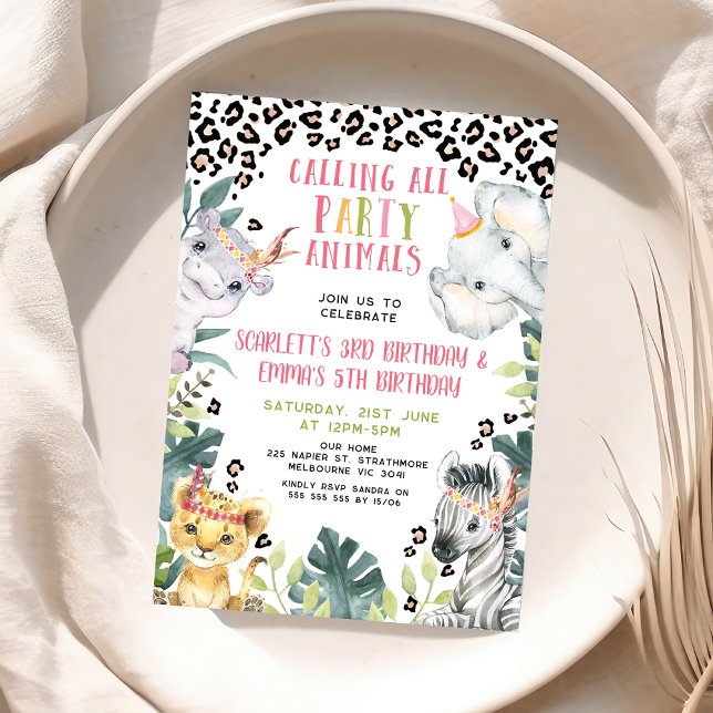 Invitación Cheetah Llamando A Todos Los Animales Fiestas Cump (Joint Safari Birthday Invitation Girls, Calling All Party Animals Safari Invite, Tribal Headpiece)