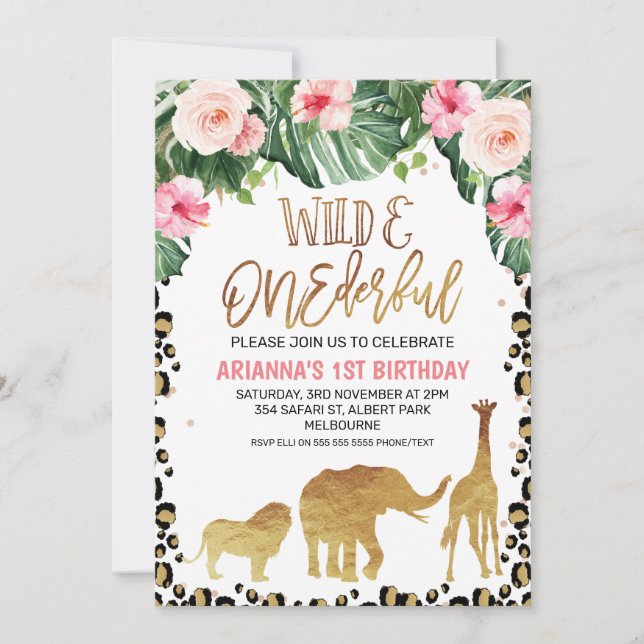 Invitación Cheetah Print Floral Gold Safari Wild Un cumpleaño (Anverso)