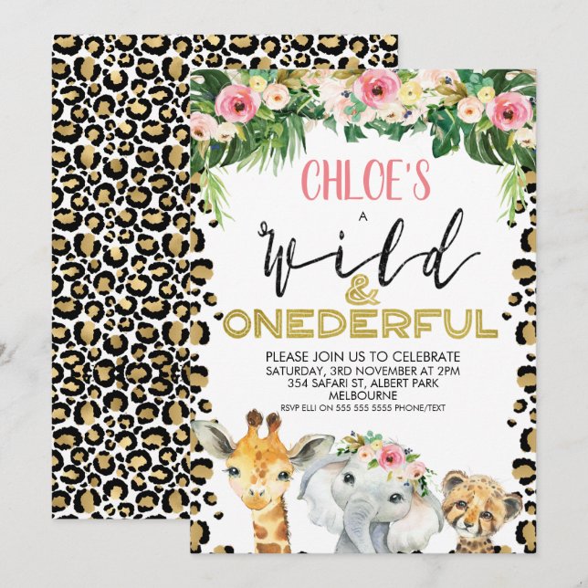 Invitación Cheetah Print Floral Onemaravillosos cumpleaños (Anverso / Reverso)