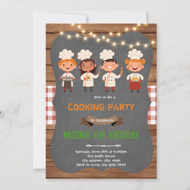 Invitación Chef cocinando repostería tema de cumpleaños (Anverso)