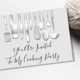 Invitación Chef de Cocina Blanca Plata Fiesta de Cocina Resta