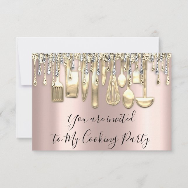 Invitación Chef de cocina de fiesta de cocina Drips oro plata (Anverso)