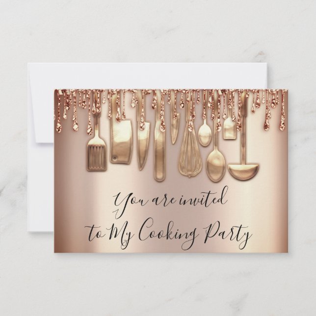 Invitación Chef de Cocina de Fiesta de Cocina Rosa Dorado Met (Anverso)