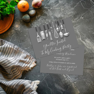 Invitación Chef de fiesta de cocina Blanco Gris Plateado