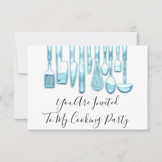 Invitación Chef de Fiesta de Cocina Dorada Azul Blanco (Anverso)