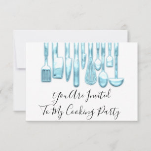 Invitación Chef de Fiesta de Cocina Dorada Azul Blanco