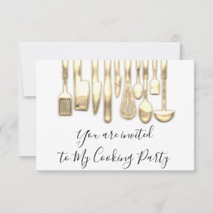 Invitación Chef de Fiesta de Cocina Dorada Blanca Dorada