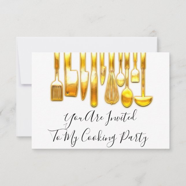 Invitación Chef de fiesta de cocina dorada blanca dorada  (Anverso)