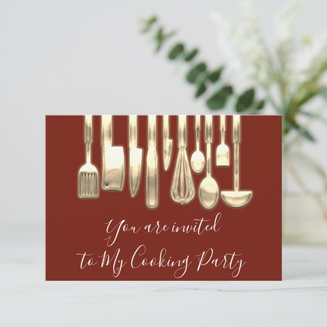 Invitación Chef de fiesta de cocina dorada dorada Marrón dora (Anverso de pie)