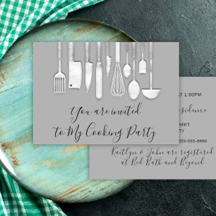 Invitación Chef de Fiesta de Cocina Dorada Gris Plateada