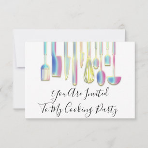 Invitación Chef de fiesta de cocina dorada holográfica blanca