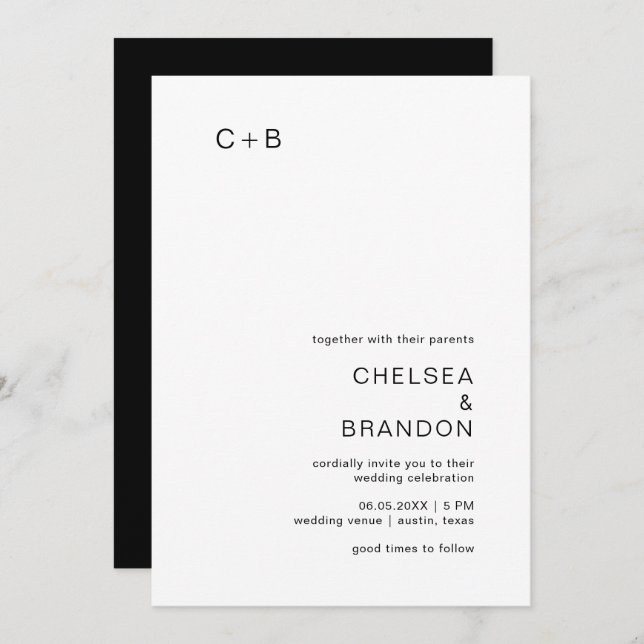 Invitación Chelsea Boda moderno blanco y negro (Anverso / Reverso)