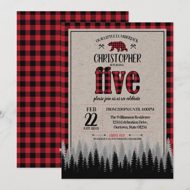 Invitación Cheque de búfalo de cumpleaños 5 de Lumberjack Boy (Anverso / Reverso)