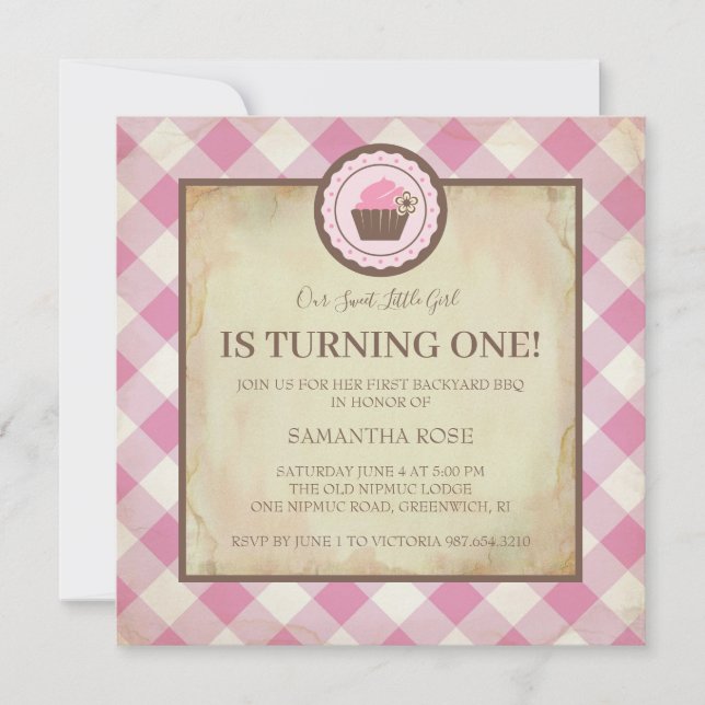 Invitación Chequeador rosa y barbacoa de cumpleaños de pastel (Anverso)