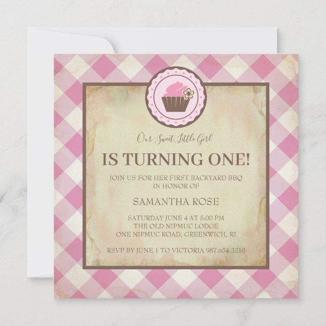 Invitación Chequeador rosa y barbacoa de cumpleaños de pastel (Anverso)