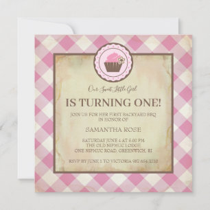 Invitación Chequeador rosa y barbacoa de cumpleaños de pastel