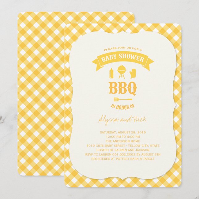 Invitación Cheques amarillos BBQ Neutral Baby Shower Fiesta d (Anverso / Reverso)