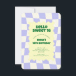 Invitación Cheques retro morado de grano dulce 16<br><div class="desc">Patrón de verificador de maleza retro púrpura fiesta de cumpleaños</div>