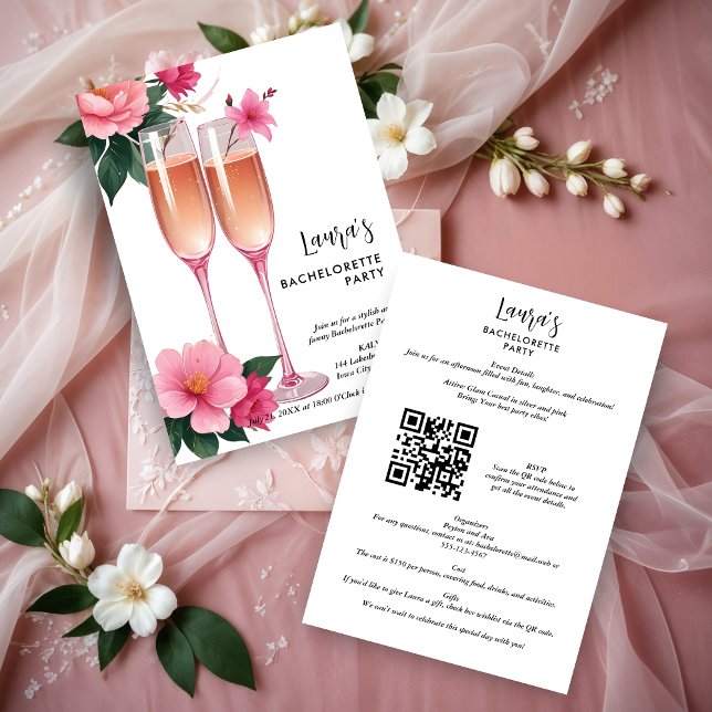 Invitación Cherish Cute Floral Champagne Flutes Bachelorette (Cherish Cute Floral Champagne Flutes Elegant Bachelorette Party Invitations )