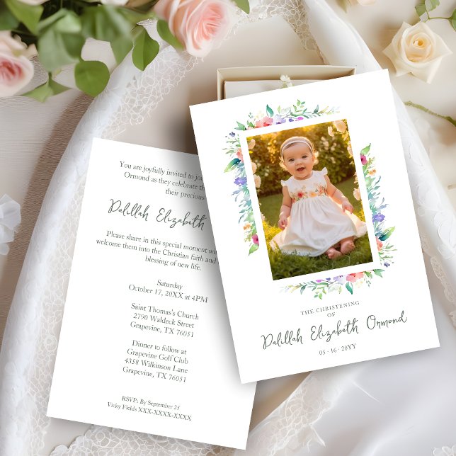 Invitación Cherish Cute Floral Frame Christening Photo  (Cherish Cute Floral Frame Christening Photo Invitation Card.)