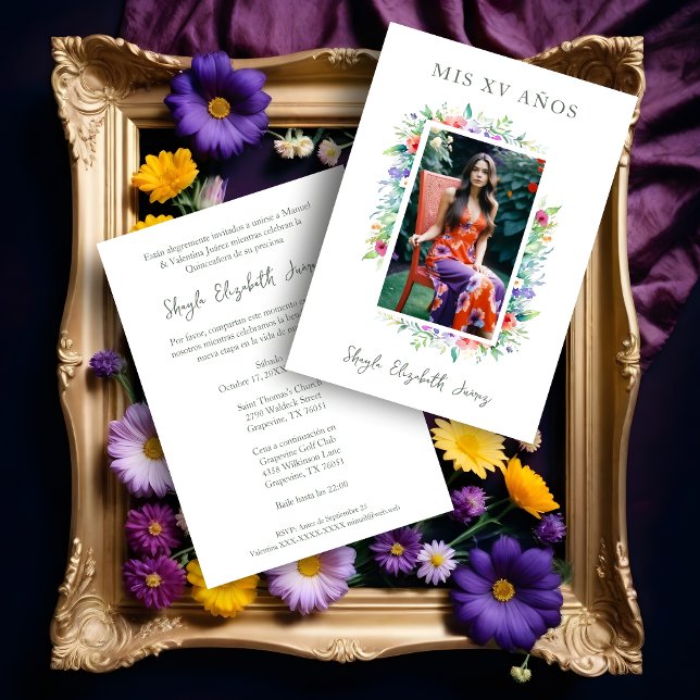 Invitación Cherish Cute Floral Frame Quinceañera Photo (Spanish Cherish Cute Floral Frame Quinceañera Photo Invitation Card. )