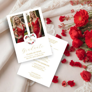 Invitación Cherish Floral Heart Initials Graduate 2 Photos