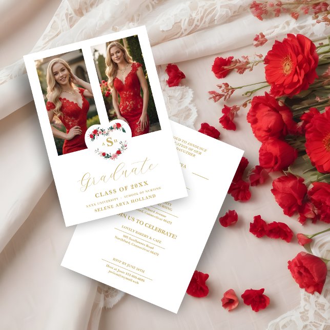 Invitación Cherish  Floral Heart Initials Graduate 2 Photos (Cherish Romantic Floral Heart Initials Graduate 2 Photos Invitation Card. )