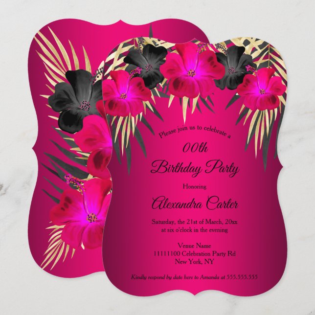 Invitación Cherrry Pink Gold Palms Hibiscus Birthday Party (Anverso / Reverso)