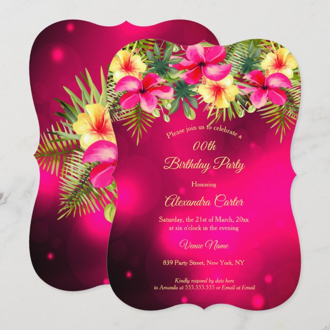 Invitación Cherry amarillo rosa Hibiscus Fiesta floral tropic (Anverso / Reverso)